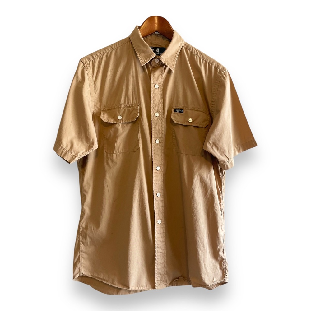 Polo Ralph Lauren Mens Medium Khaki Tan‎ Short Sleeve Utility Button Down Shirt
